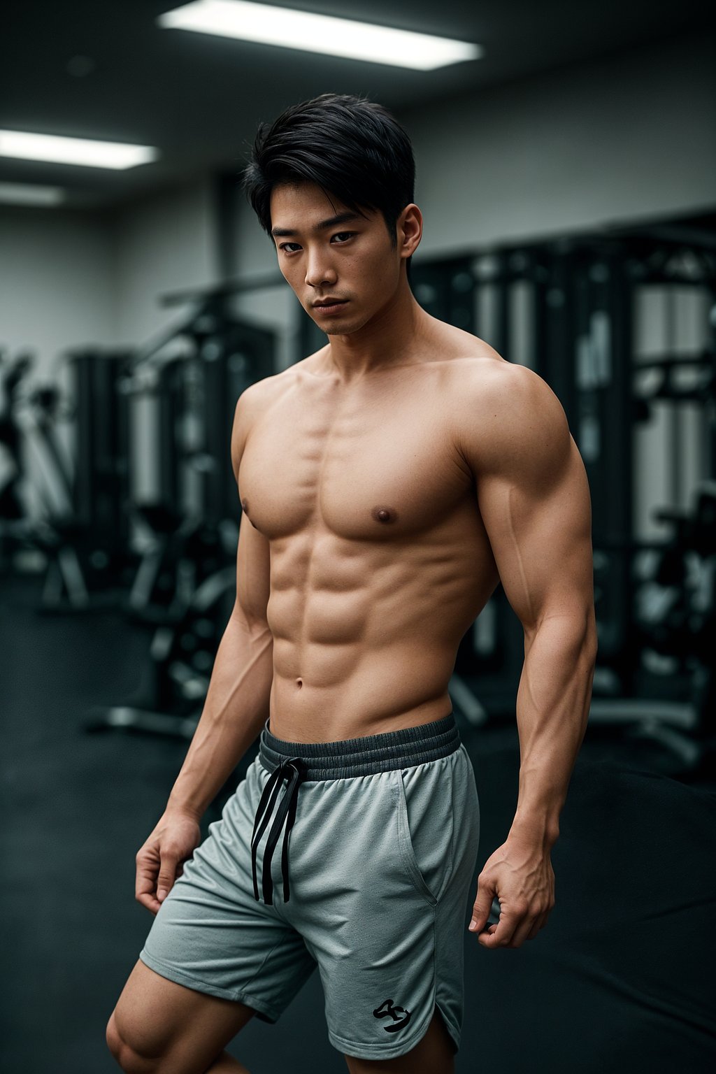 masculine  man wearing yoga pants or shorts and sports top in the fitness gym working out. dramatic lighting highly detailed