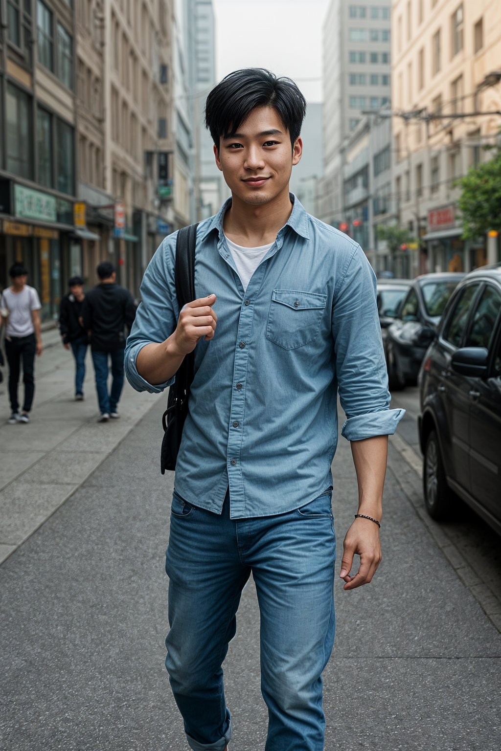 smiling masculine  man taking a casual stroll through a cityscape