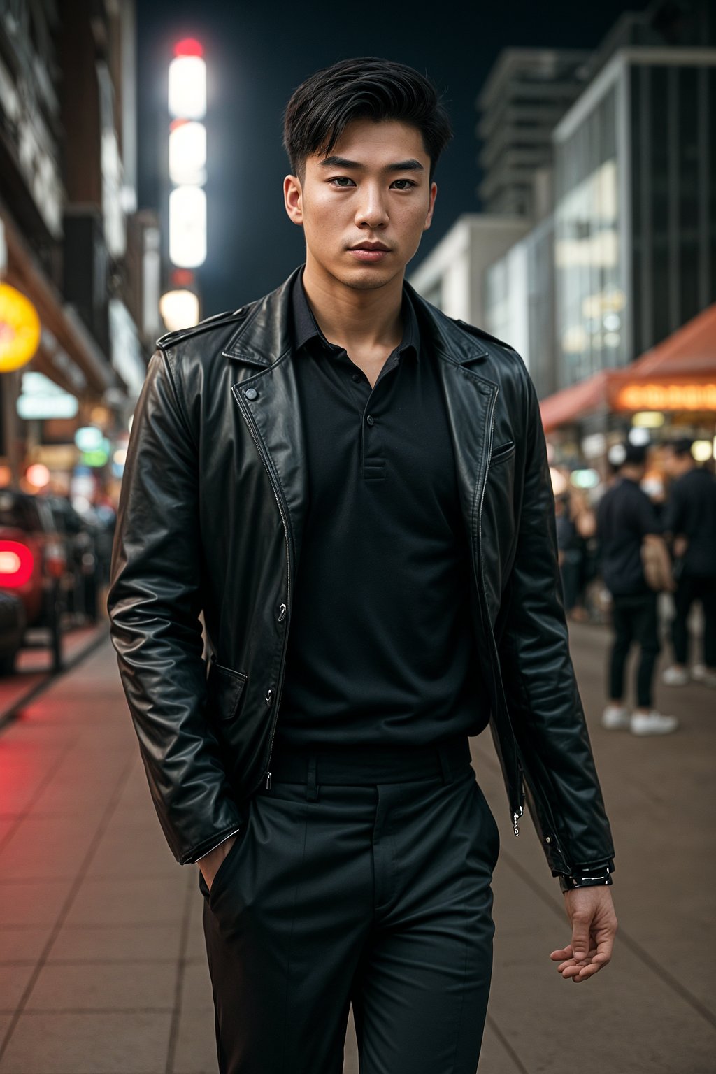 a confident masculine  man dressed in stylish attire, striking a pose in a trendy urban setting