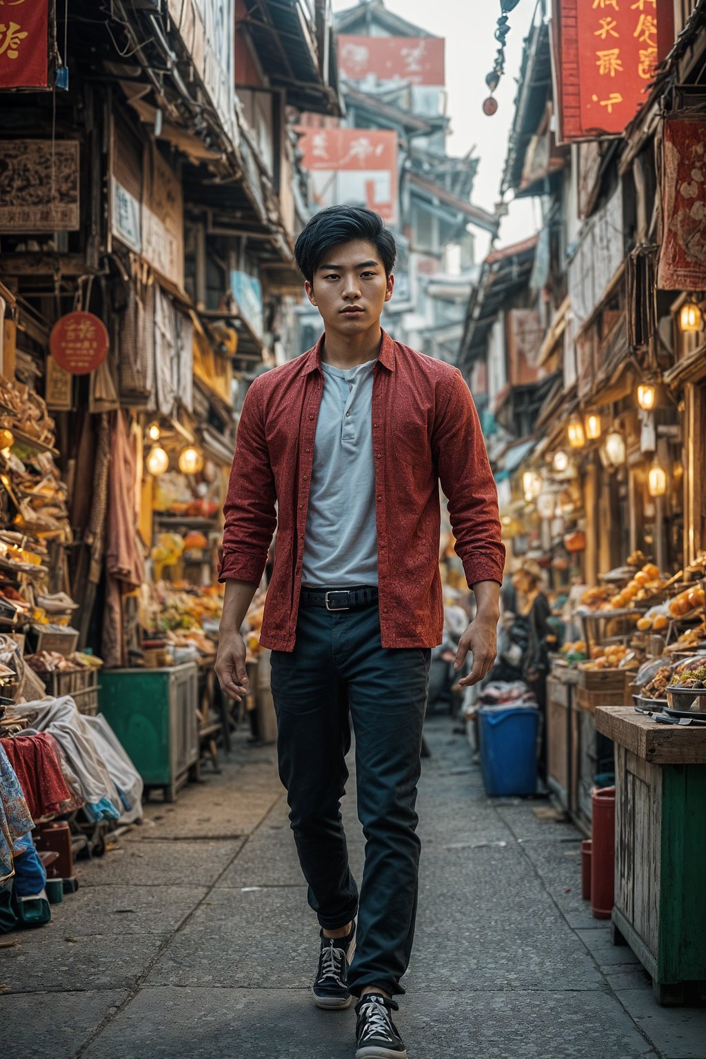 a charismatic masculine  man exploring a vibrant street market, capturing the essence of a cultural experience