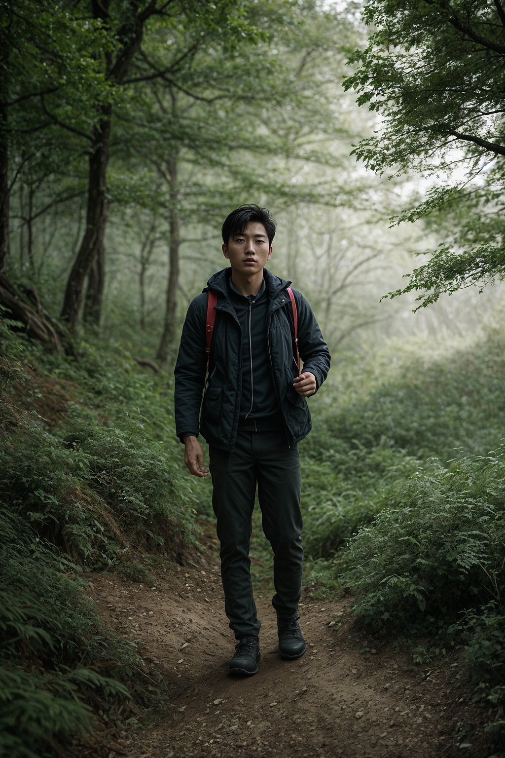 an adventurous masculine  man hiking in the mountains, enjoying the beauty of nature and the sense of adventure