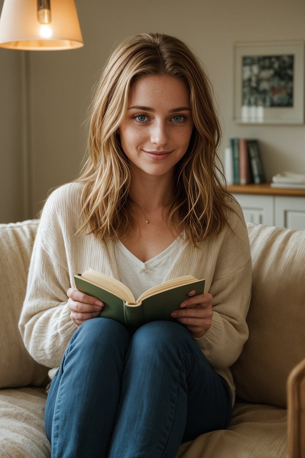 smiling  feminine woman reading a book in a cozy home environment
