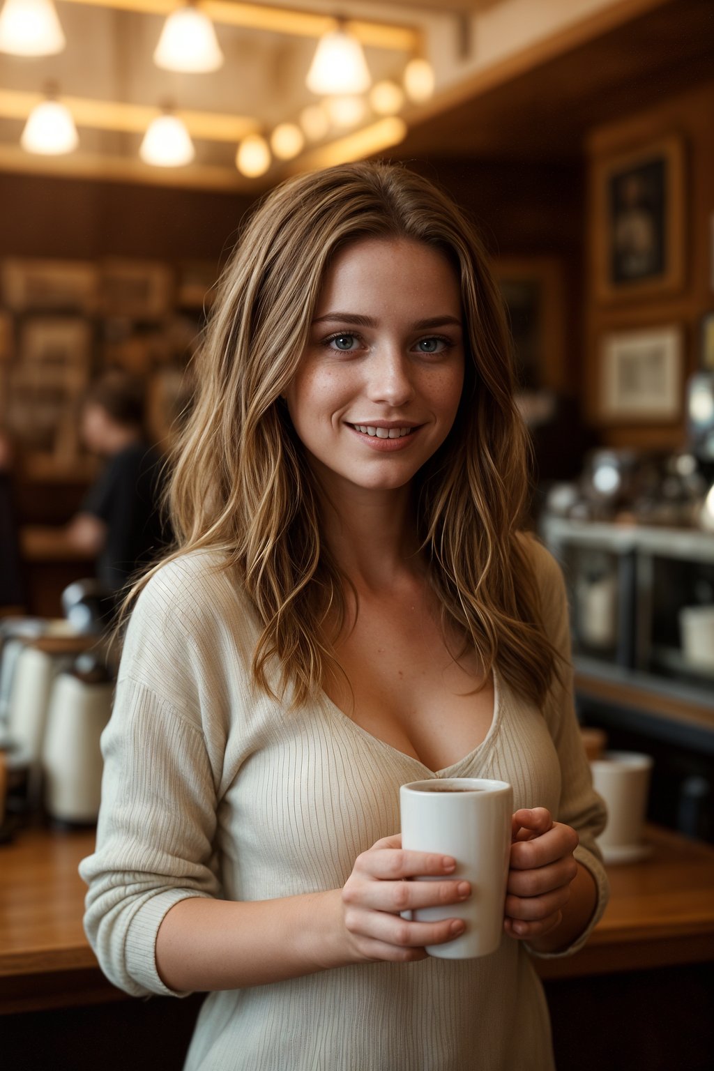 an attractive  feminine woman with a captivating smile, holding a cup of coffee in a cozy cafe