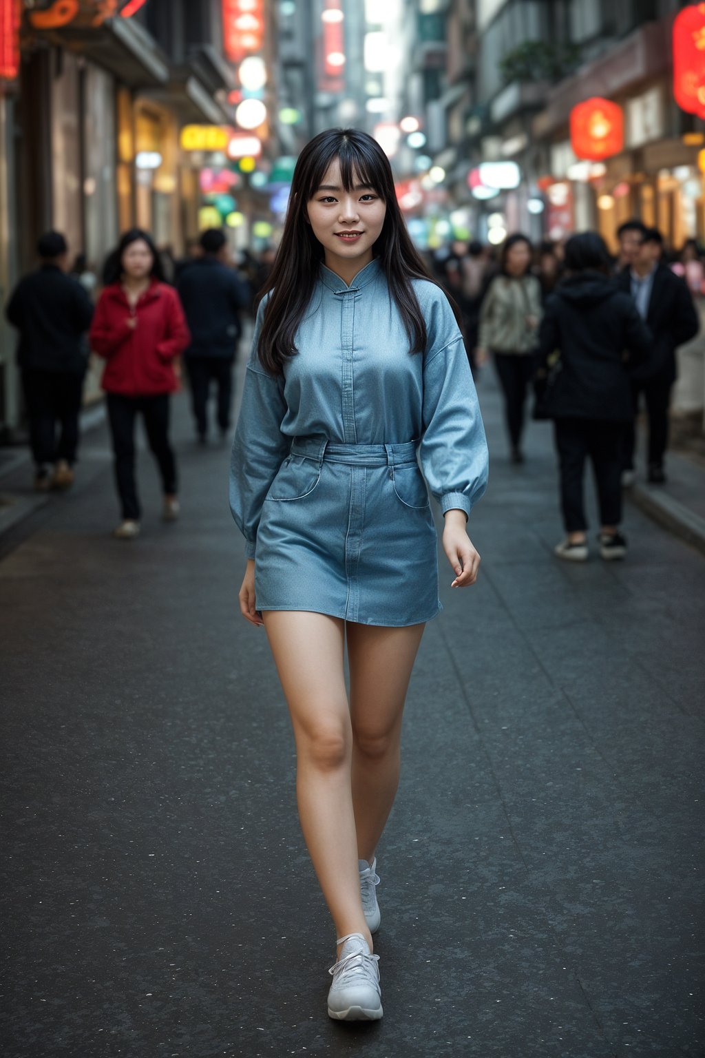 smiling  feminine woman taking a casual stroll through a cityscape