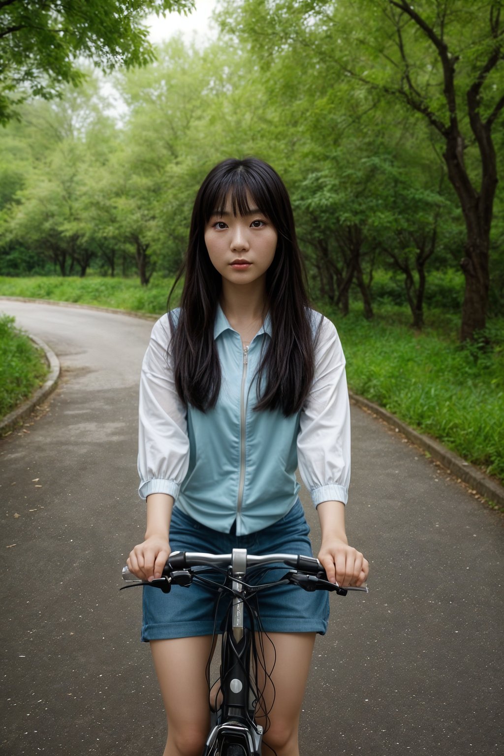 a stylish  feminine woman enjoying a leisurely bike ride along a scenic path