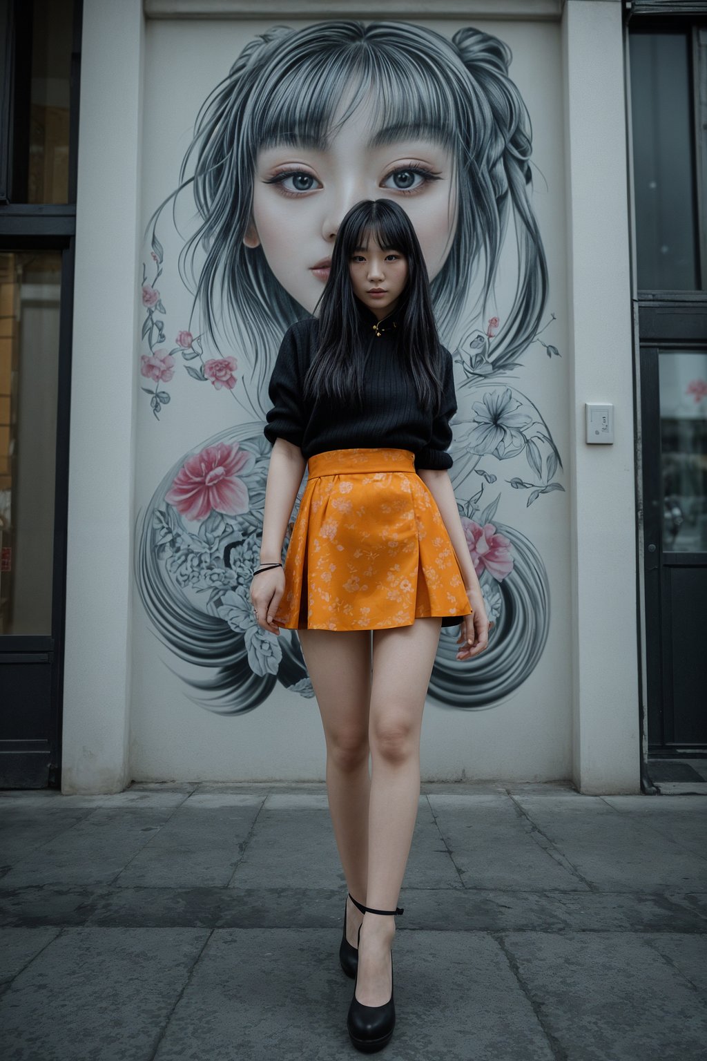 a fashionable  feminine woman posing in front of street art, showcasing their unique style and creativity