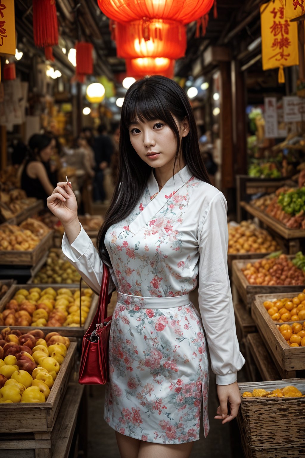 a stylish  feminine woman exploring a vibrant market, interacting with vendors and discovering unique treasures.