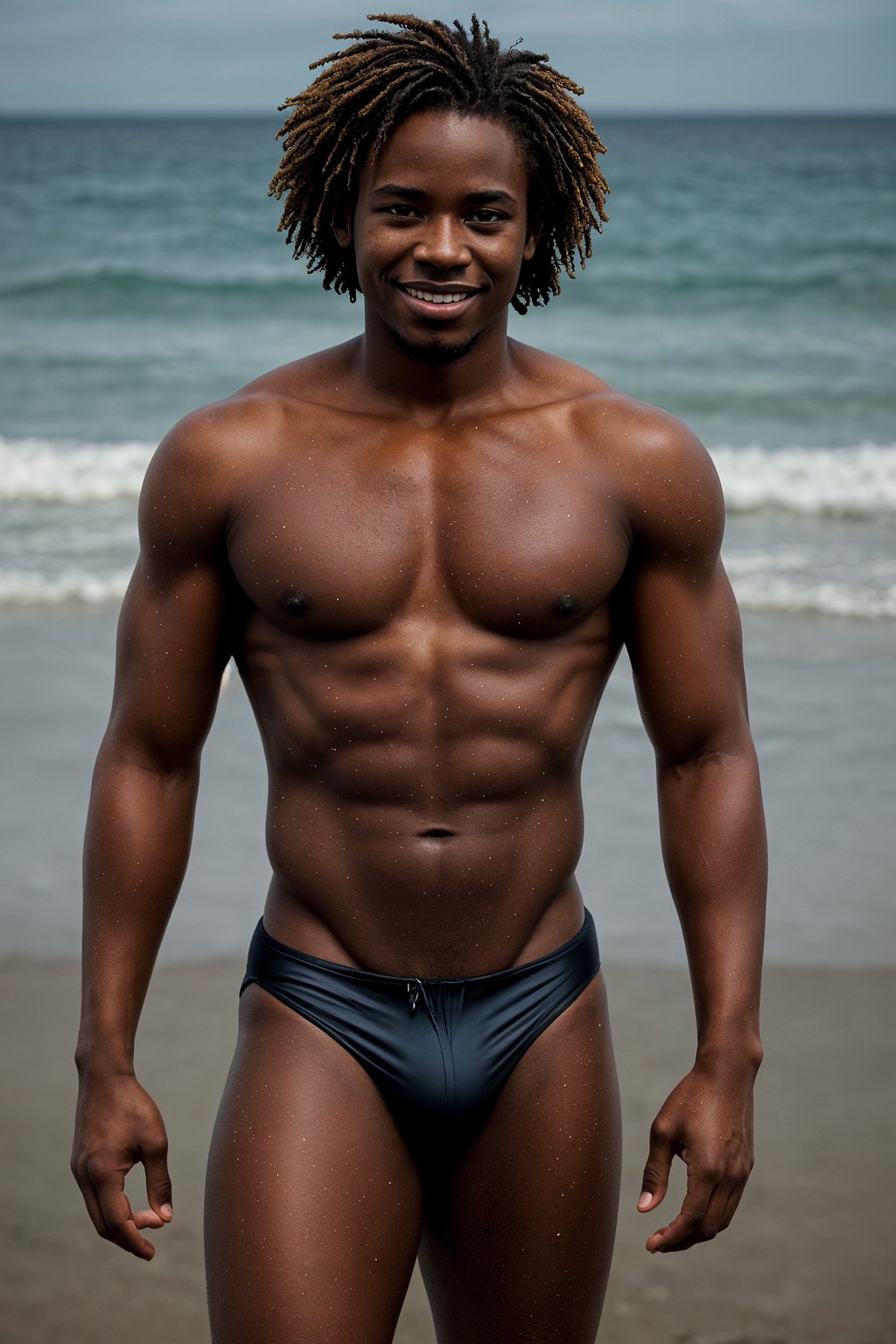 smiling masculine  man in solid color bikini on the beach, wet hair, swimsuit sports illustrated FHM maxim photos