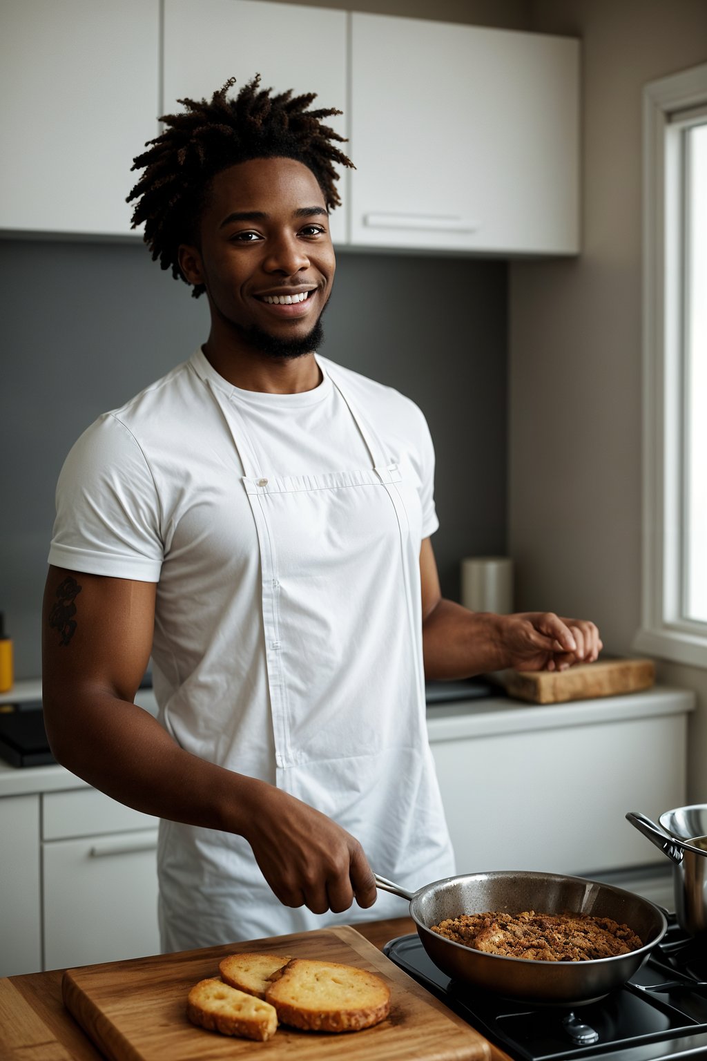 smiling masculine  man cooking or baking in a modern kitchen