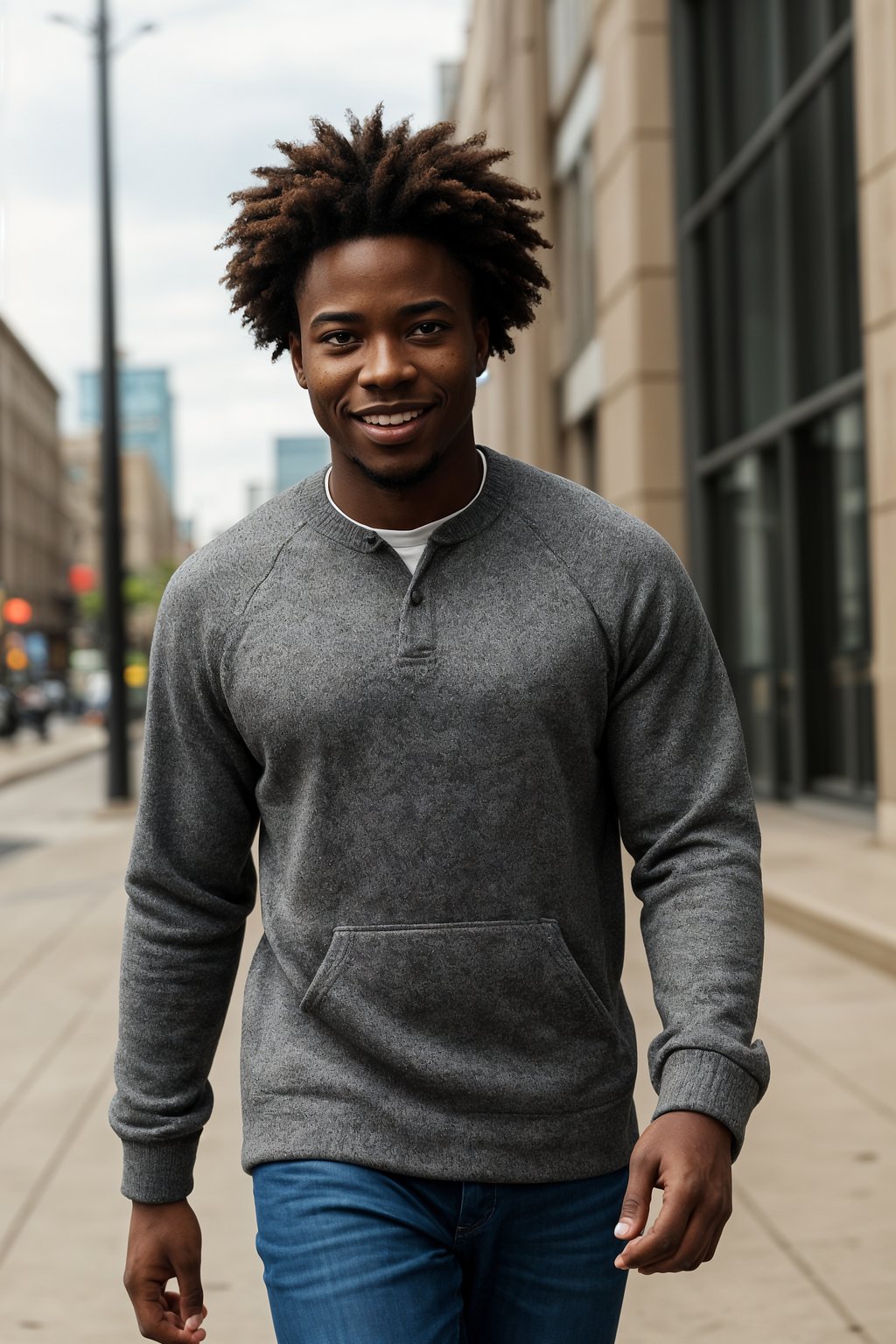 smiling masculine  man taking a casual stroll through a cityscape