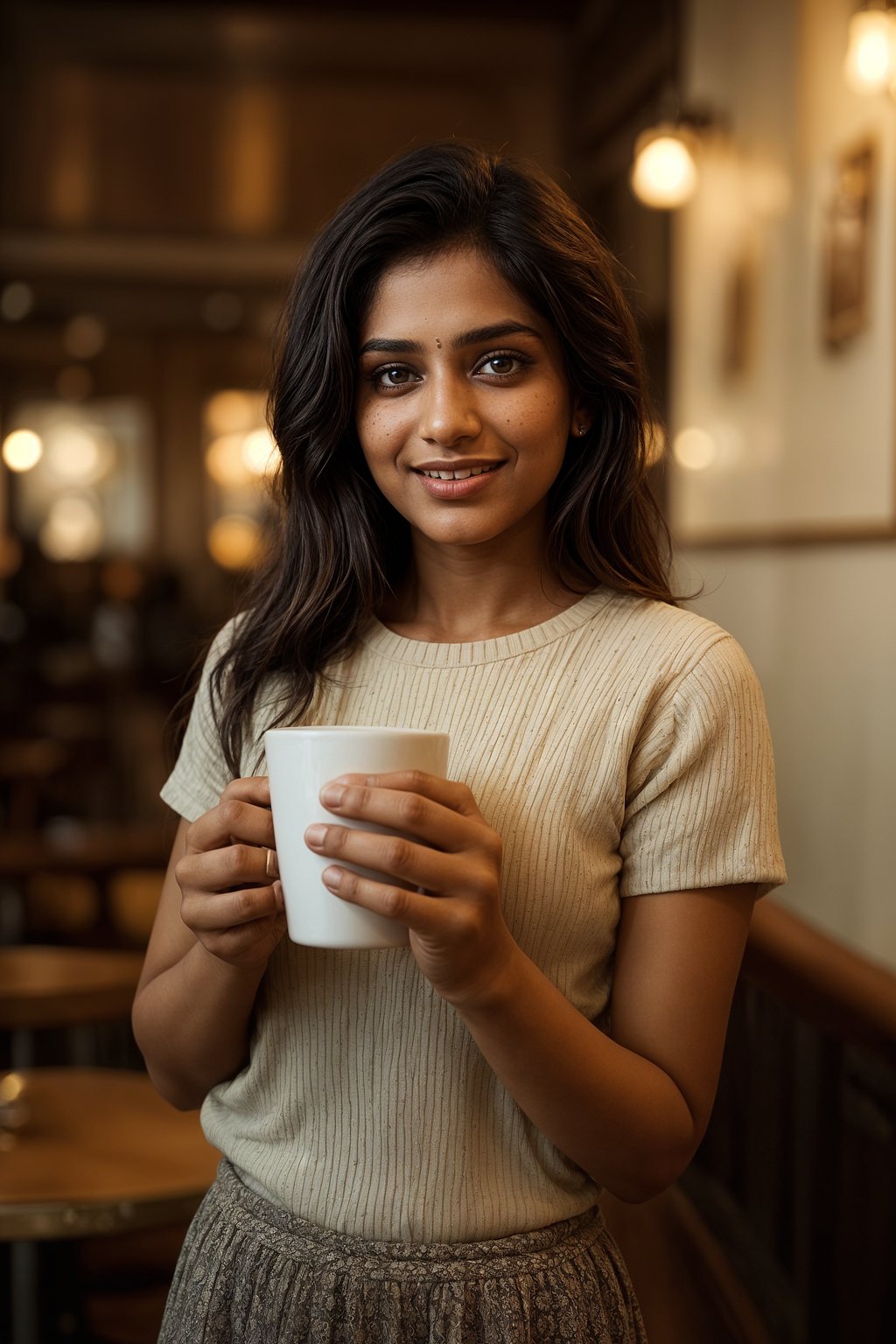 an attractive  feminine woman with a captivating smile, holding a cup of coffee in a cozy cafe