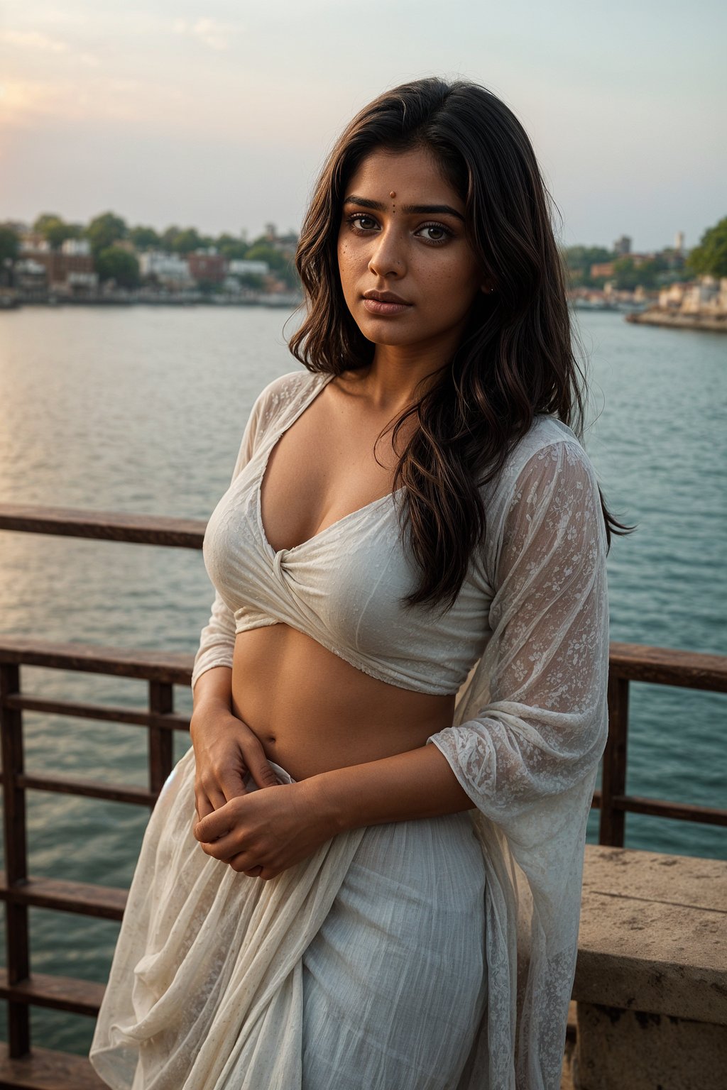 a captivating  feminine woman enjoying a peaceful moment by the waterfront, capturing the tranquility of the surroundings