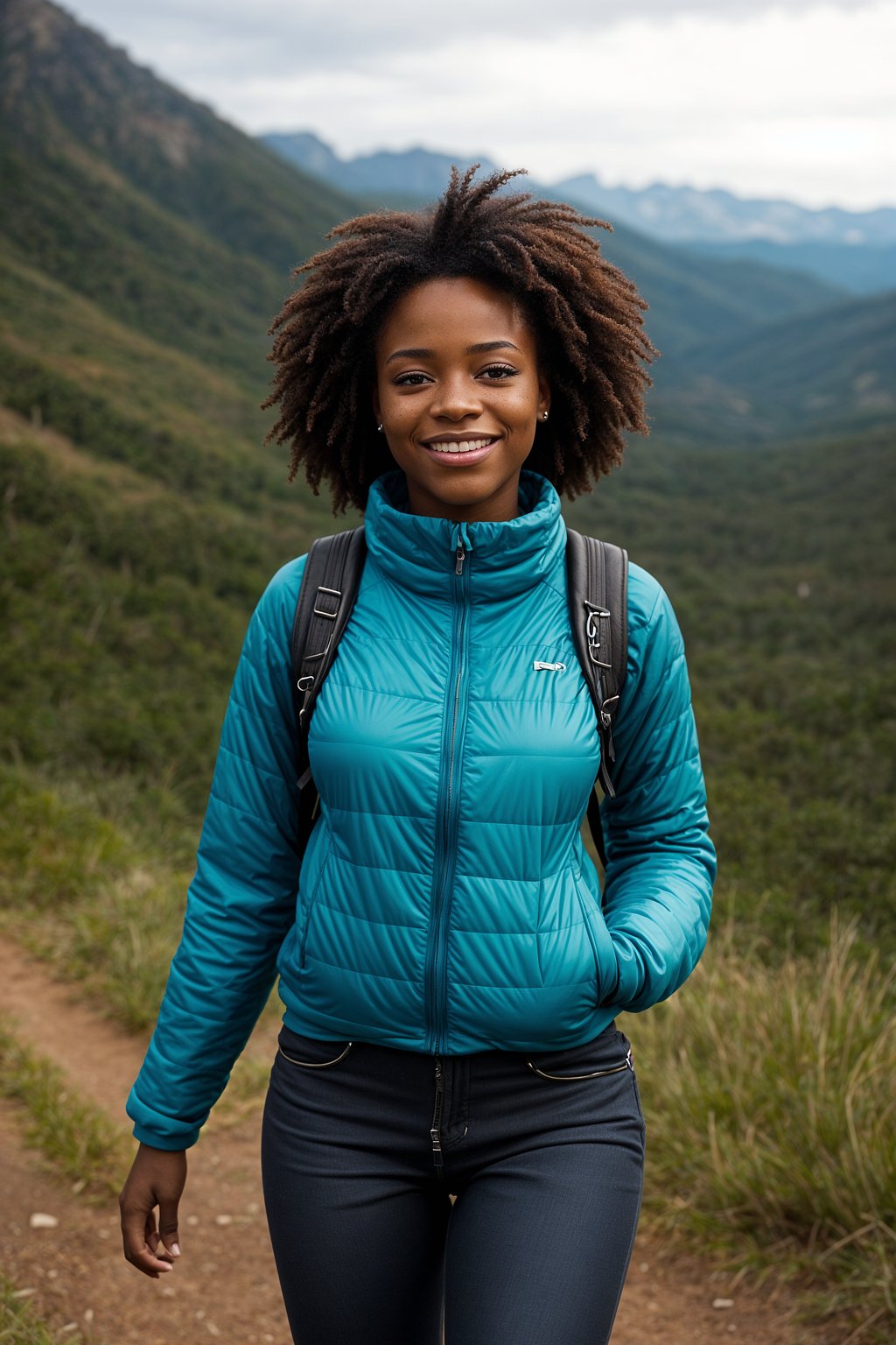 smiling  feminine woman in going hiking outdoors in mountains