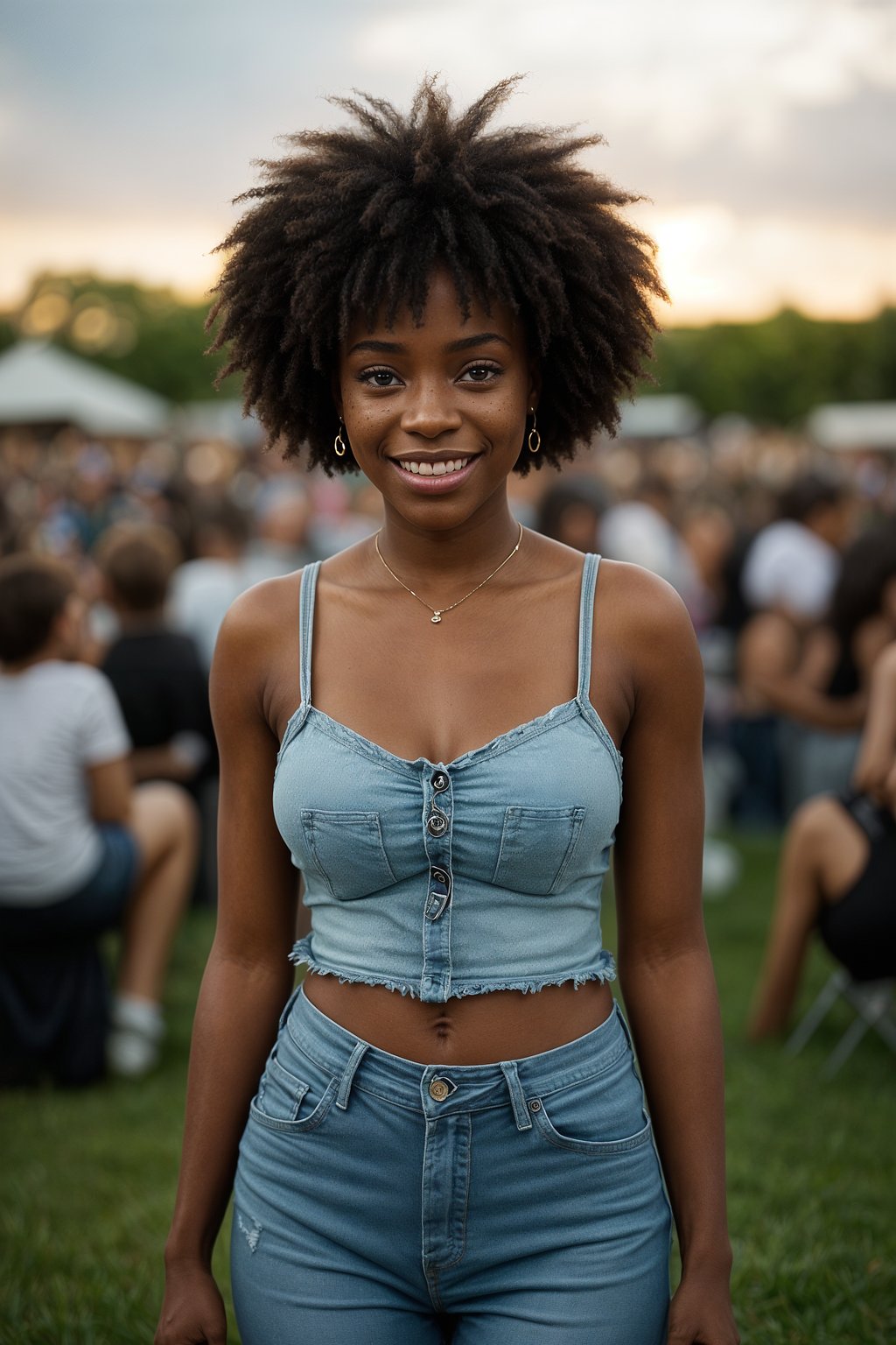 smiling  feminine woman enjoying a concert or music festival