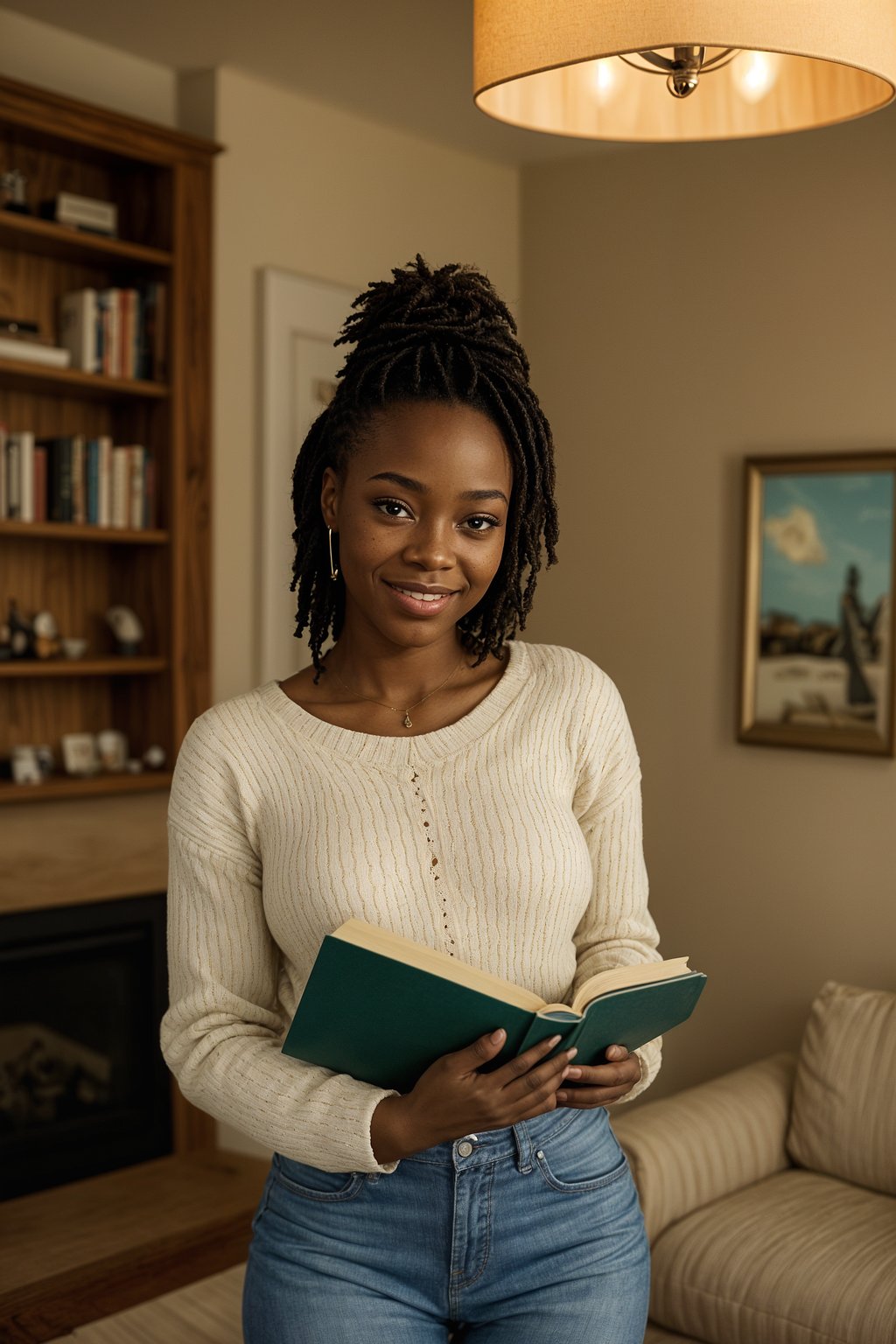 smiling  feminine woman reading a book in a cozy home environment