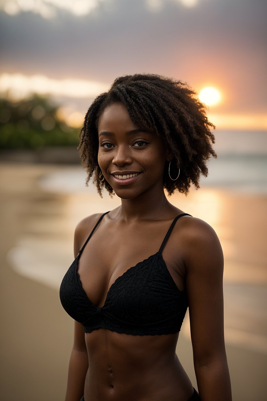 smiling  feminine woman enjoying a sunset at a beach or park