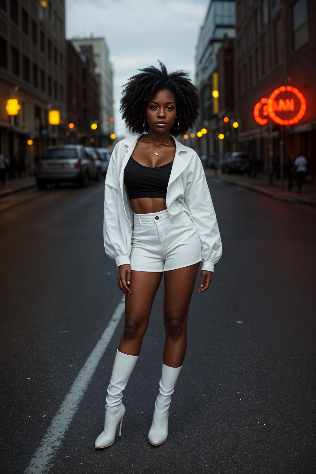 a confident  feminine woman dressed in stylish attire, striking a pose in a trendy urban setting