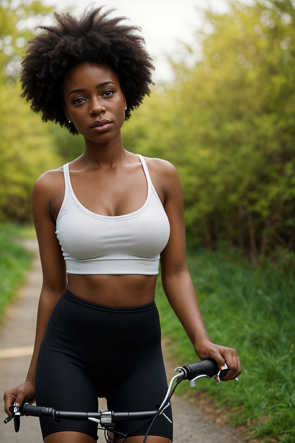 a stylish  feminine woman enjoying a leisurely bike ride along a scenic path