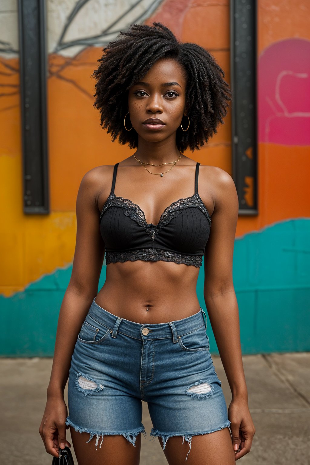 a fashionable  feminine woman posing in front of street art, showcasing their unique style and creativity