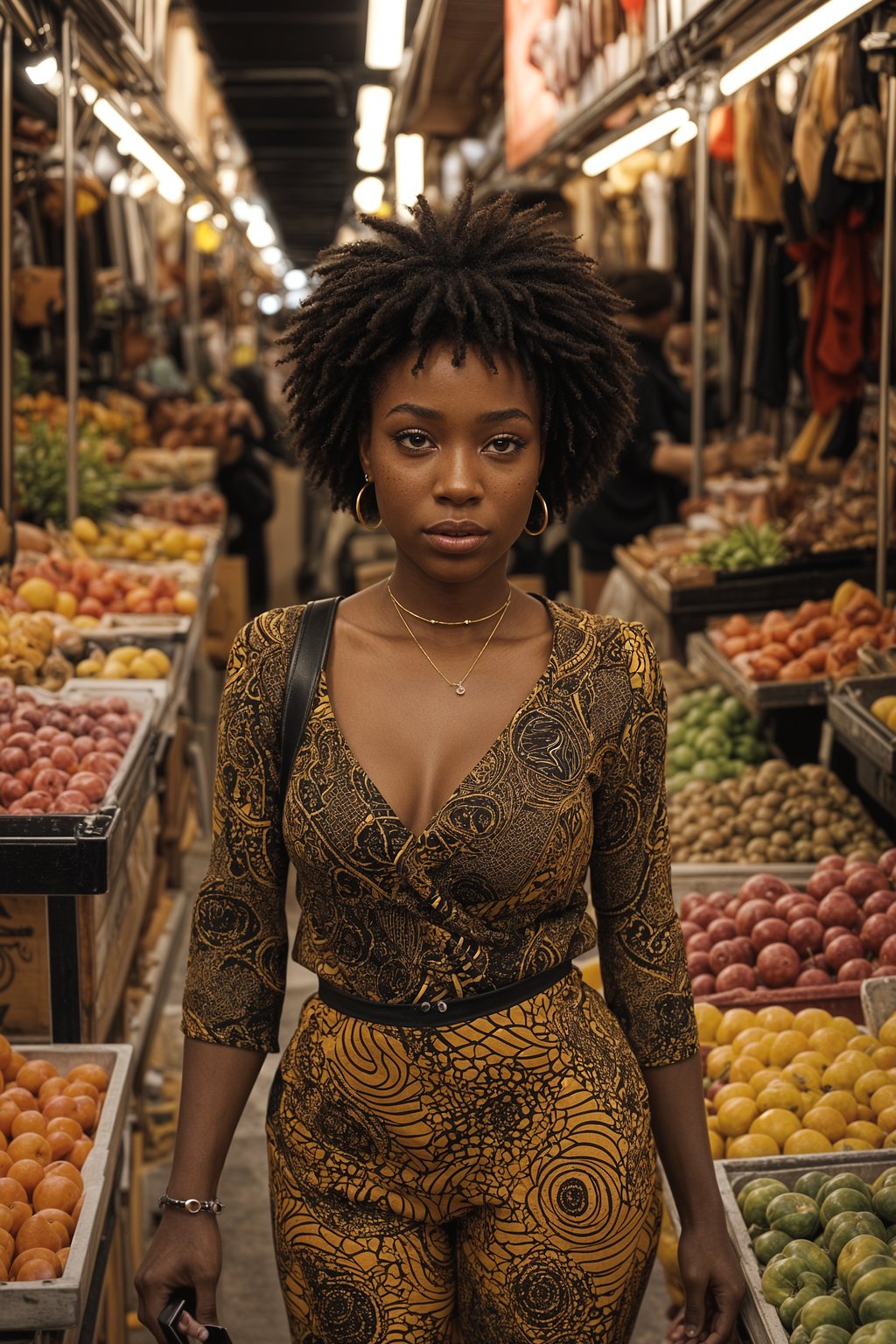 a stylish  feminine woman exploring a vibrant market, interacting with vendors and discovering unique treasures.