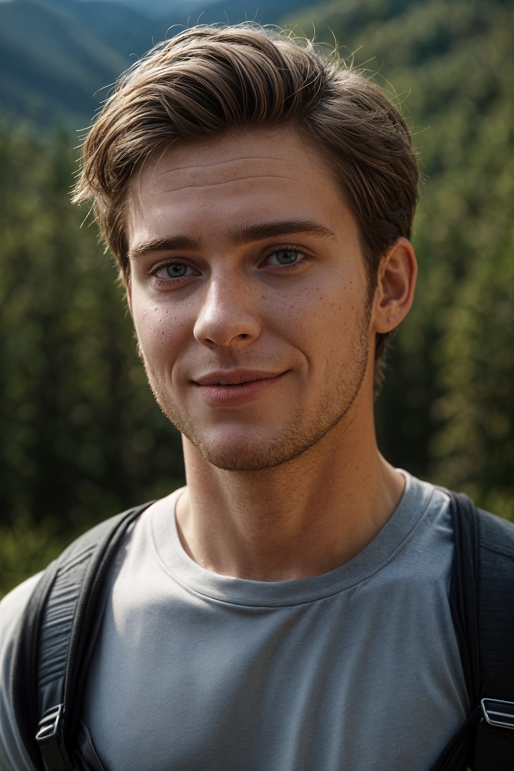 smiling masculine  man in going hiking outdoors in mountains