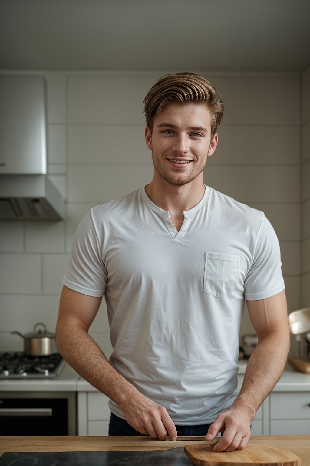 smiling masculine  man cooking or baking in a modern kitchen