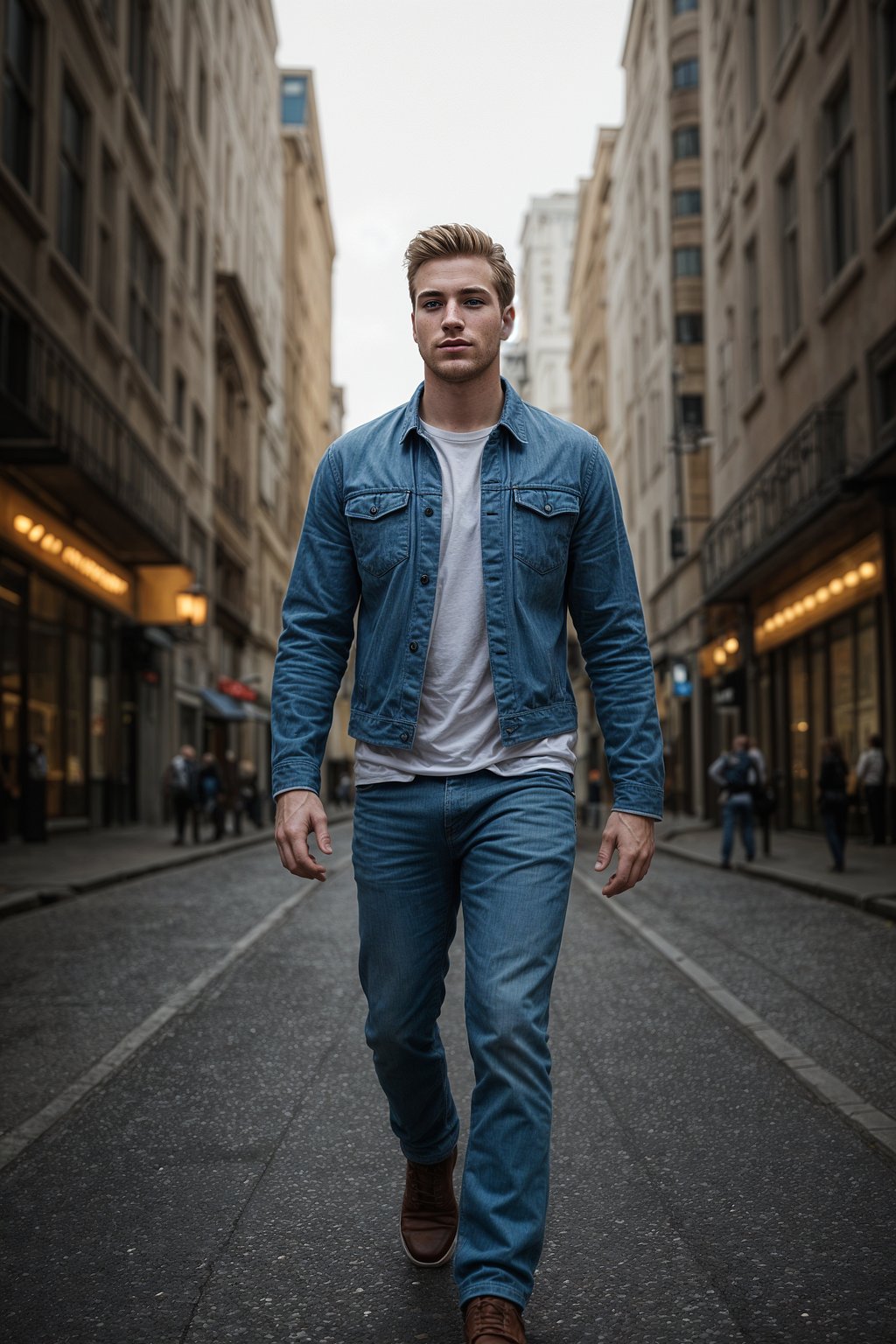 smiling masculine  man taking a casual stroll through a cityscape