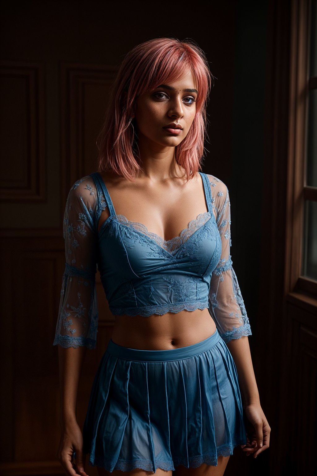 lingerie woman masterpiece, best quality, (photorealism), reflections, lingerie, extremely detailed, extremely detailed CG unity 8k wallpaper, cinematic lighting, detailed background, lingerie, 1girl, solo, medium hair, (pink hair), shirt, skirt, detailed clothes, blue skirt, blue shirt, detached sleeves, white shirt, bangs, (blue eyes, detailed eyes), choker, ribbon earrings, detached sleeves, lookng at the viewer, from below,, wait, bedroom