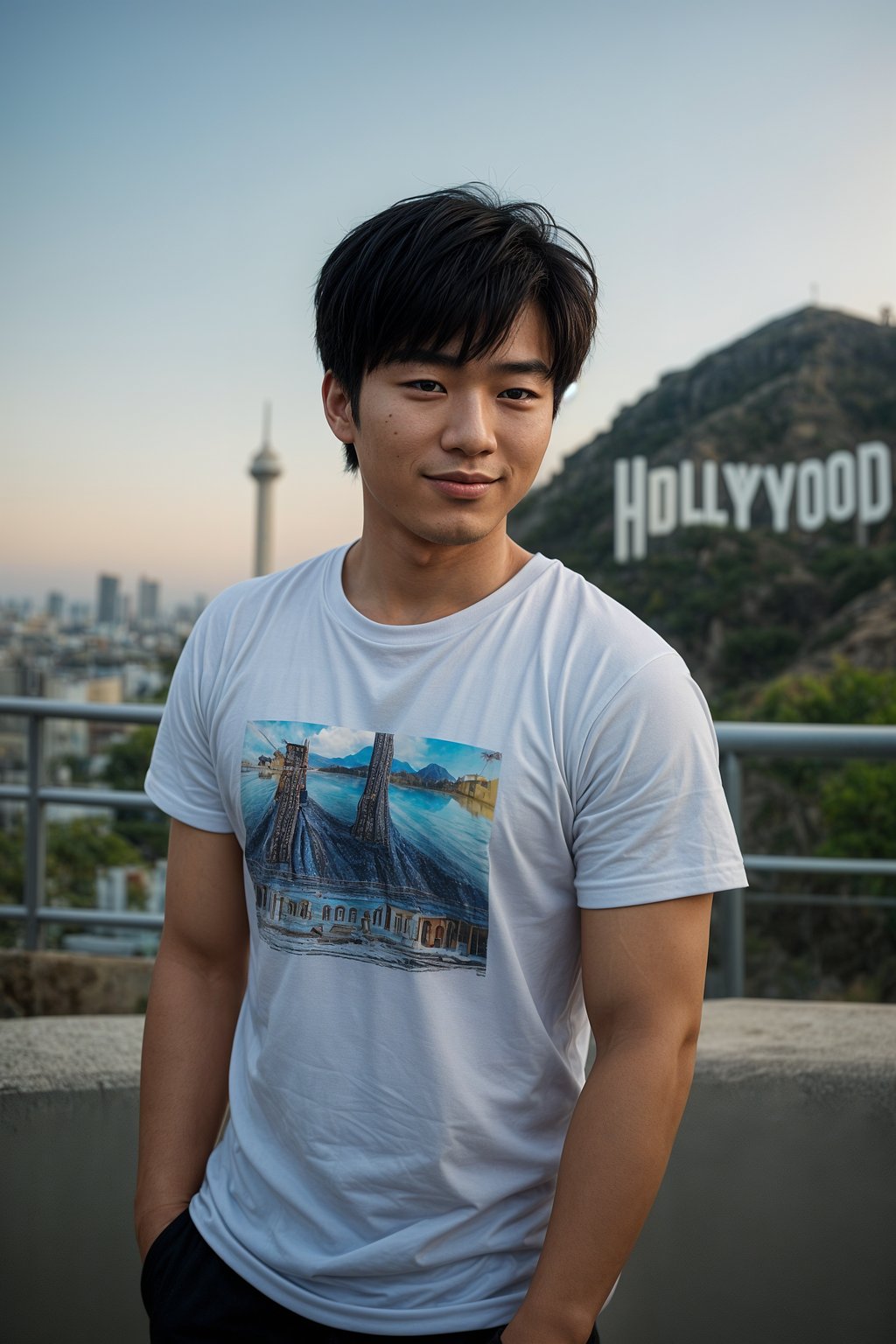 smiling man as digital nomad in Los Angeles with the Hollywood sign in the background