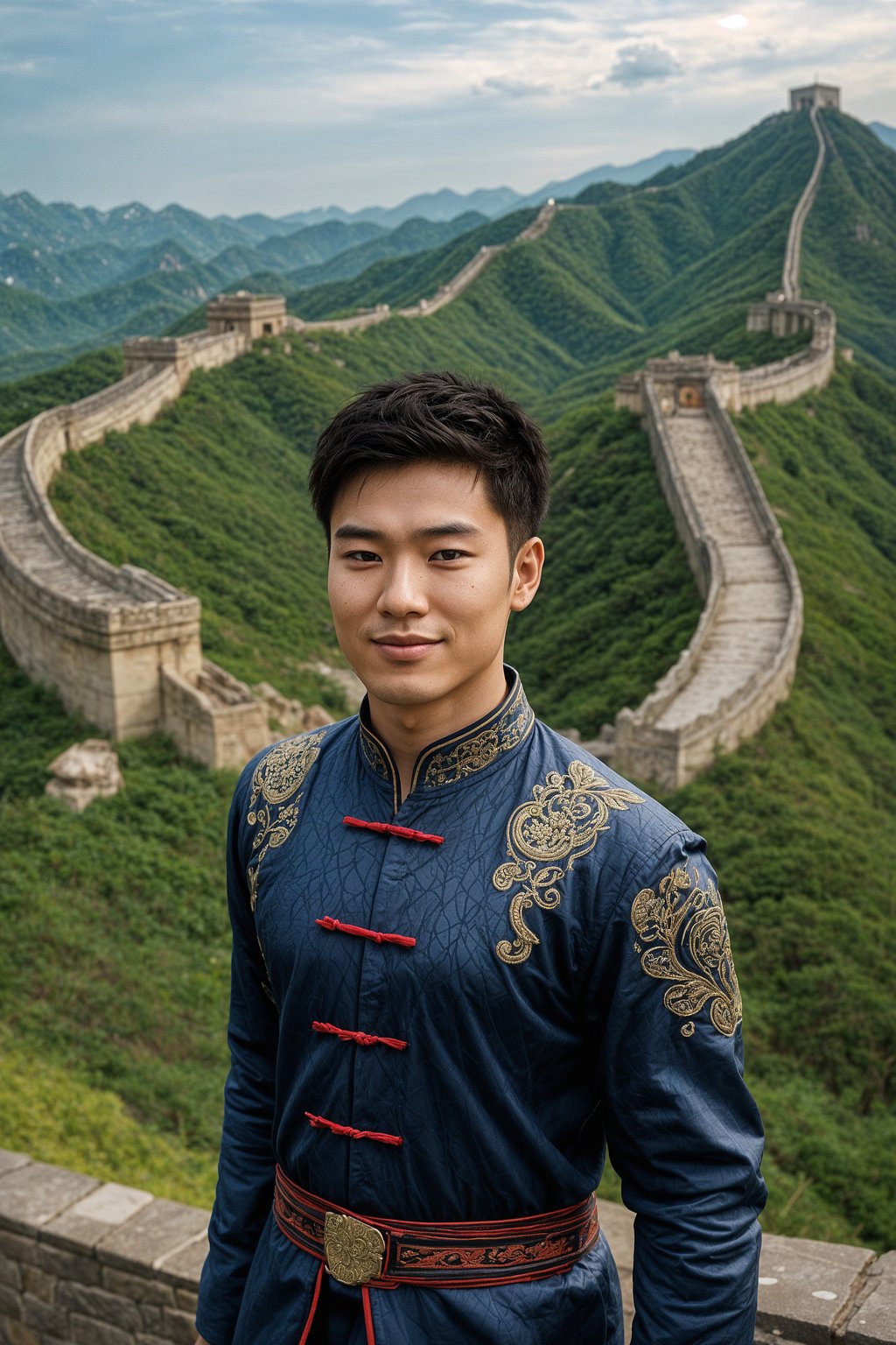 smiling man as digital nomad in Beijing with the Great Wall in the background