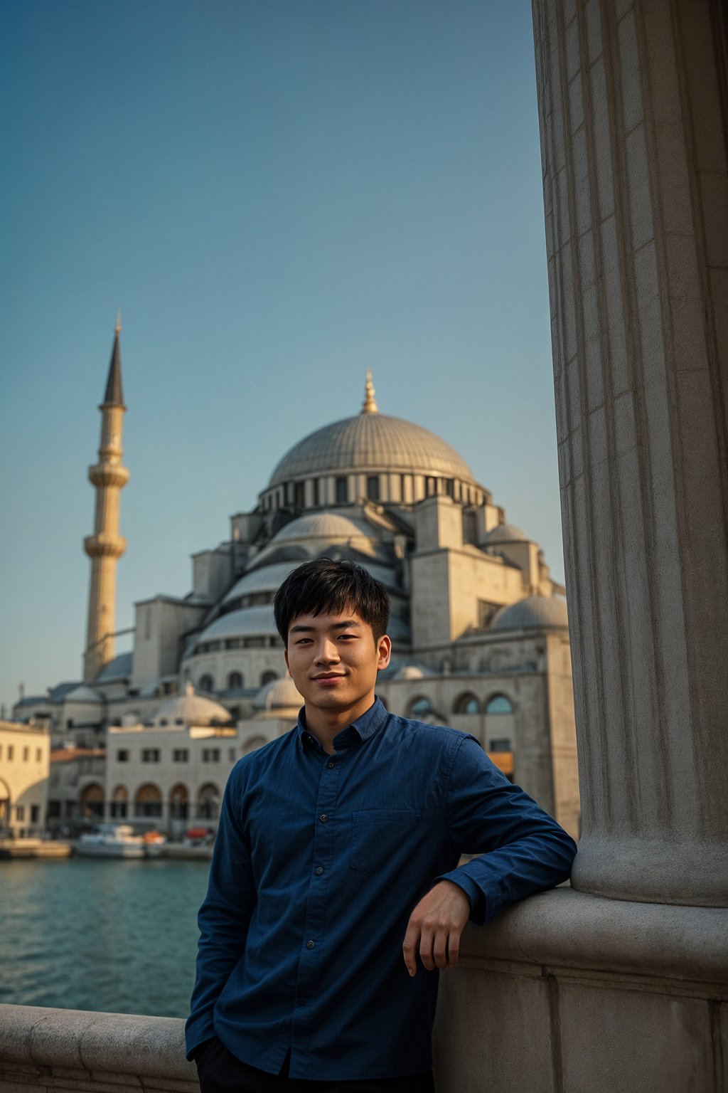 smiling man as digital nomad in Istanbul with The Mosque in background