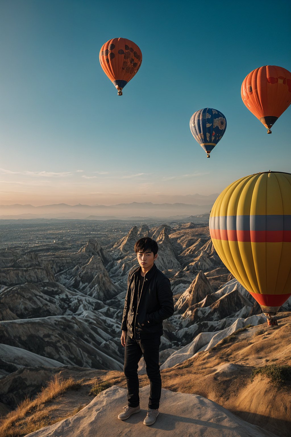 Breathtakingly man as digital nomad with hot air balloons in the background in cappadocia, Türkiye. Cappadocia, Turkey