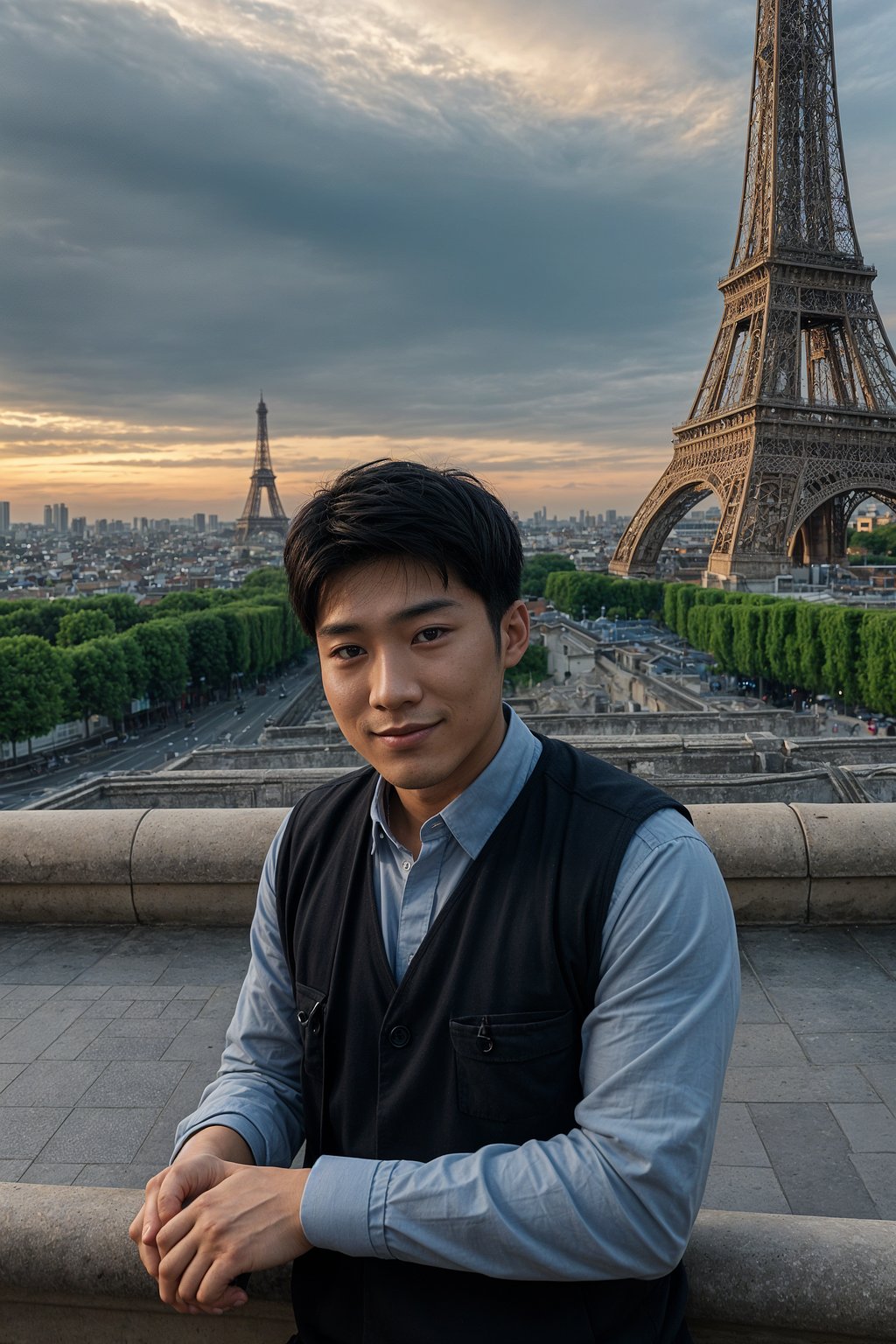 smiling man as digital nomad in Paris with the Eiffel Tower in background