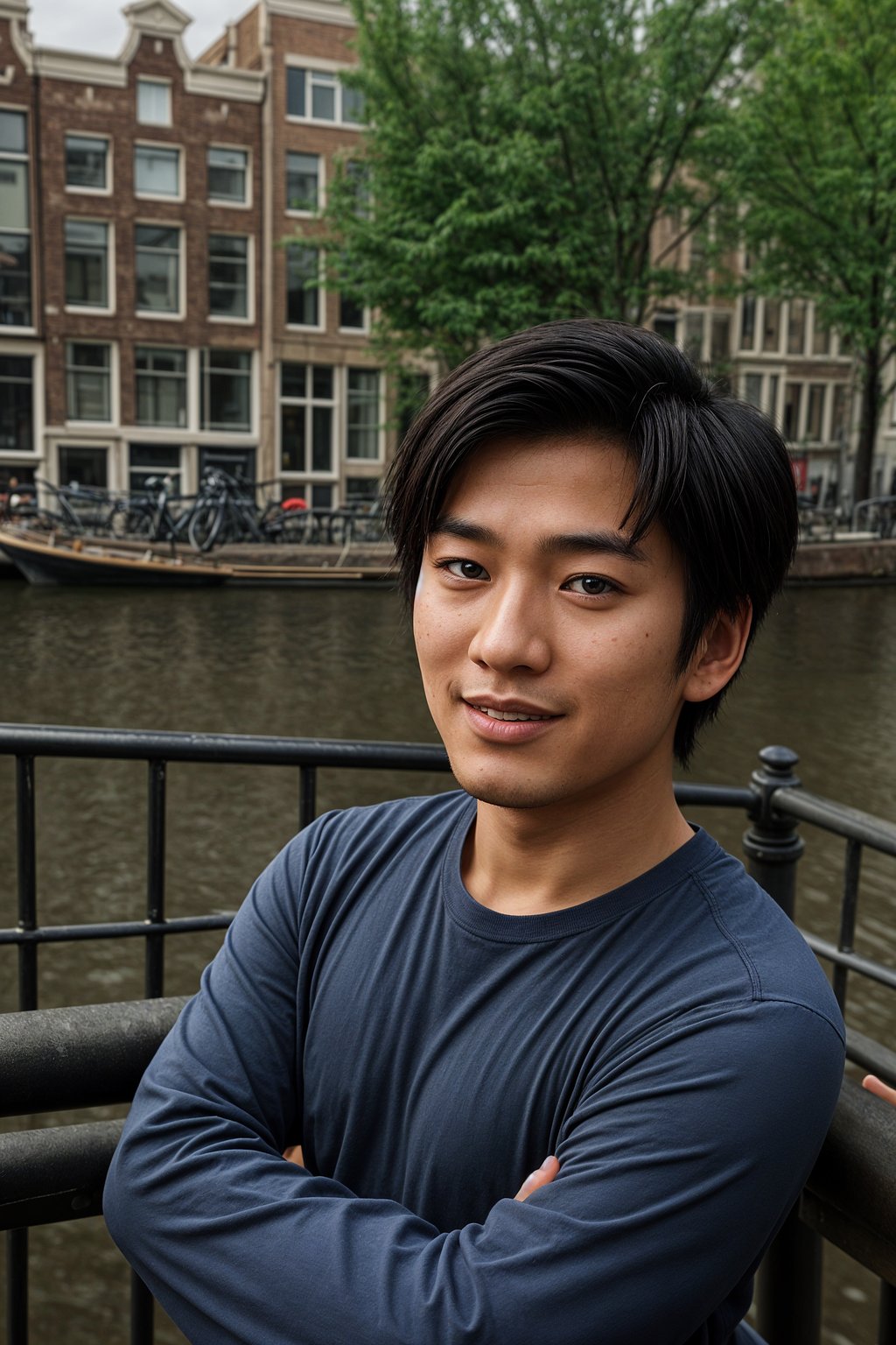 smiling man as digital nomad in Amsterdam with the Amsterdam Canals in background