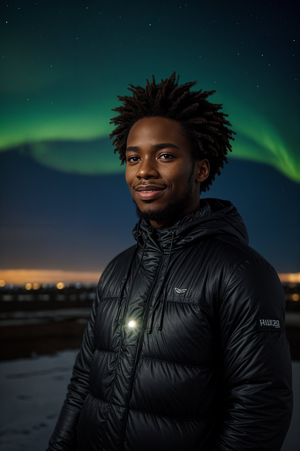 smiling man as digital nomad in Reykjavik with the Northern Lights in the background