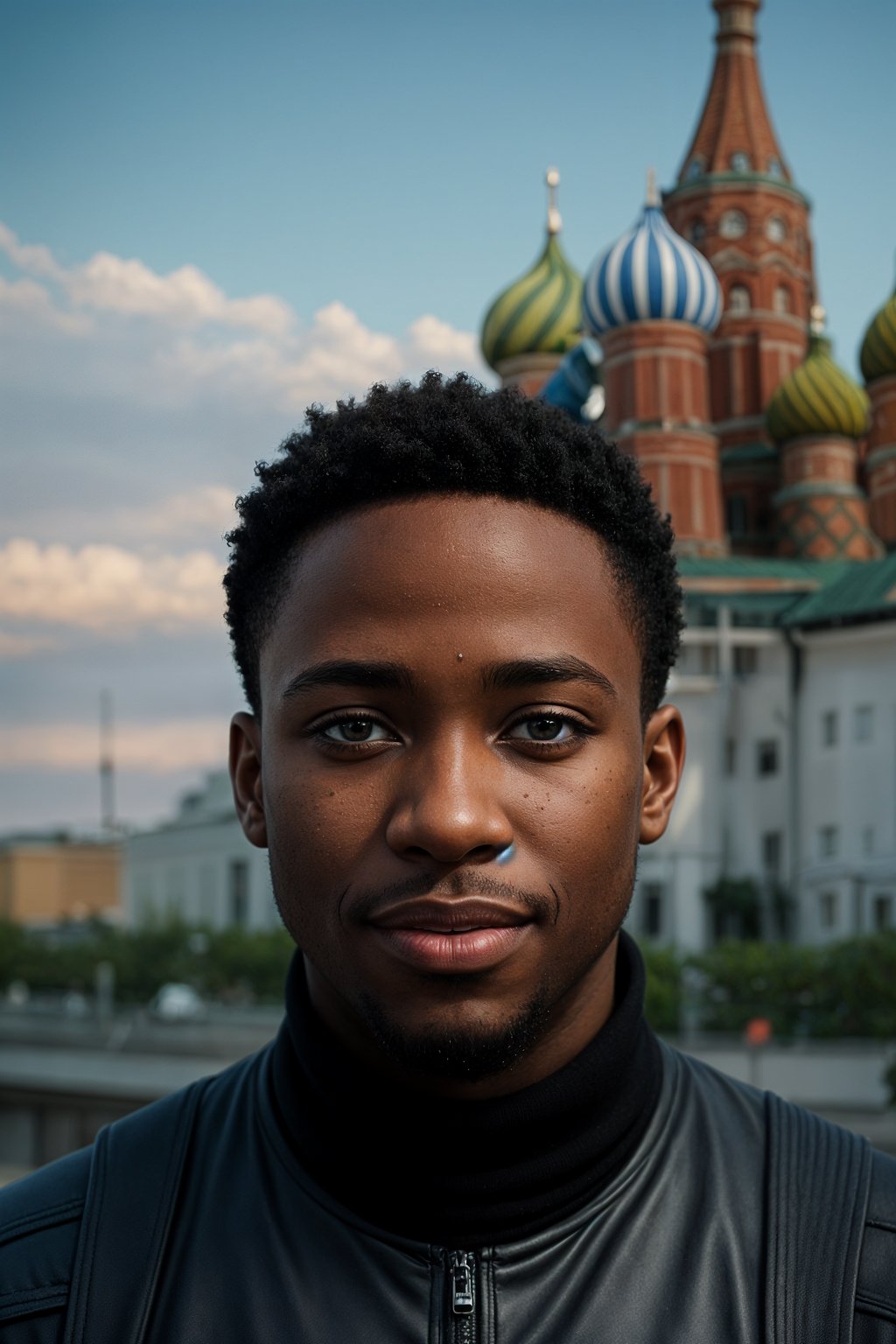 smiling man as digital nomad in Moscow with the Kremlin in the background