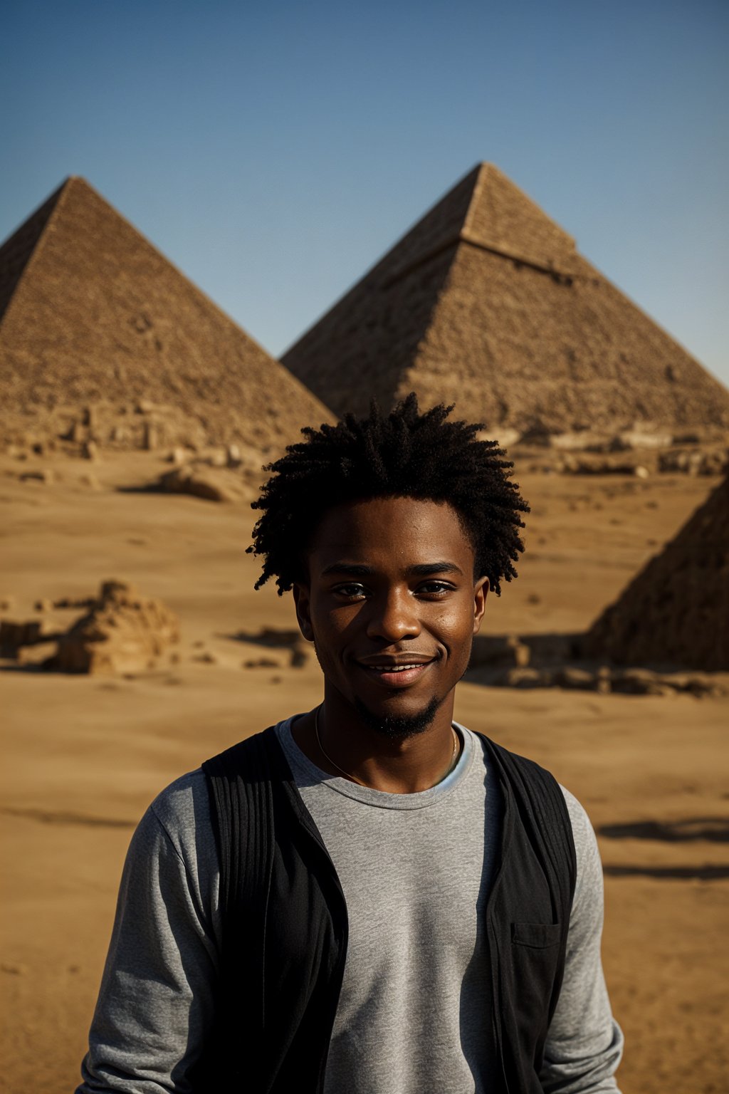 smiling man as digital nomad in Cairo with the Pyramids of Giza in the background