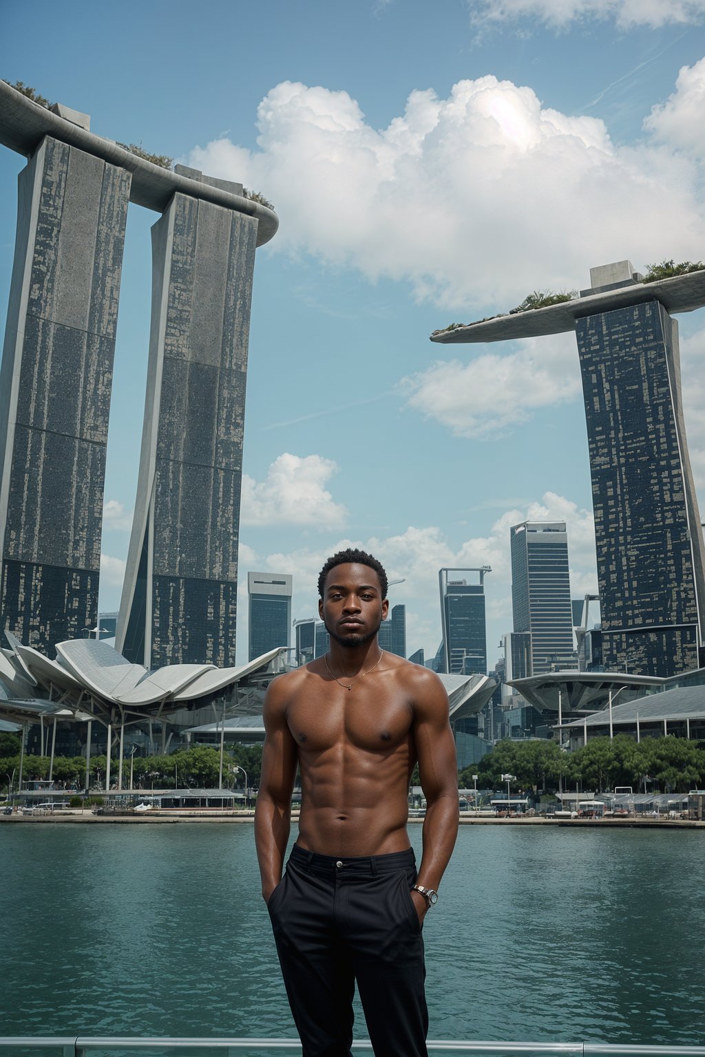 smiling man as digital nomad in Singapore with Marina Bay Sands in background