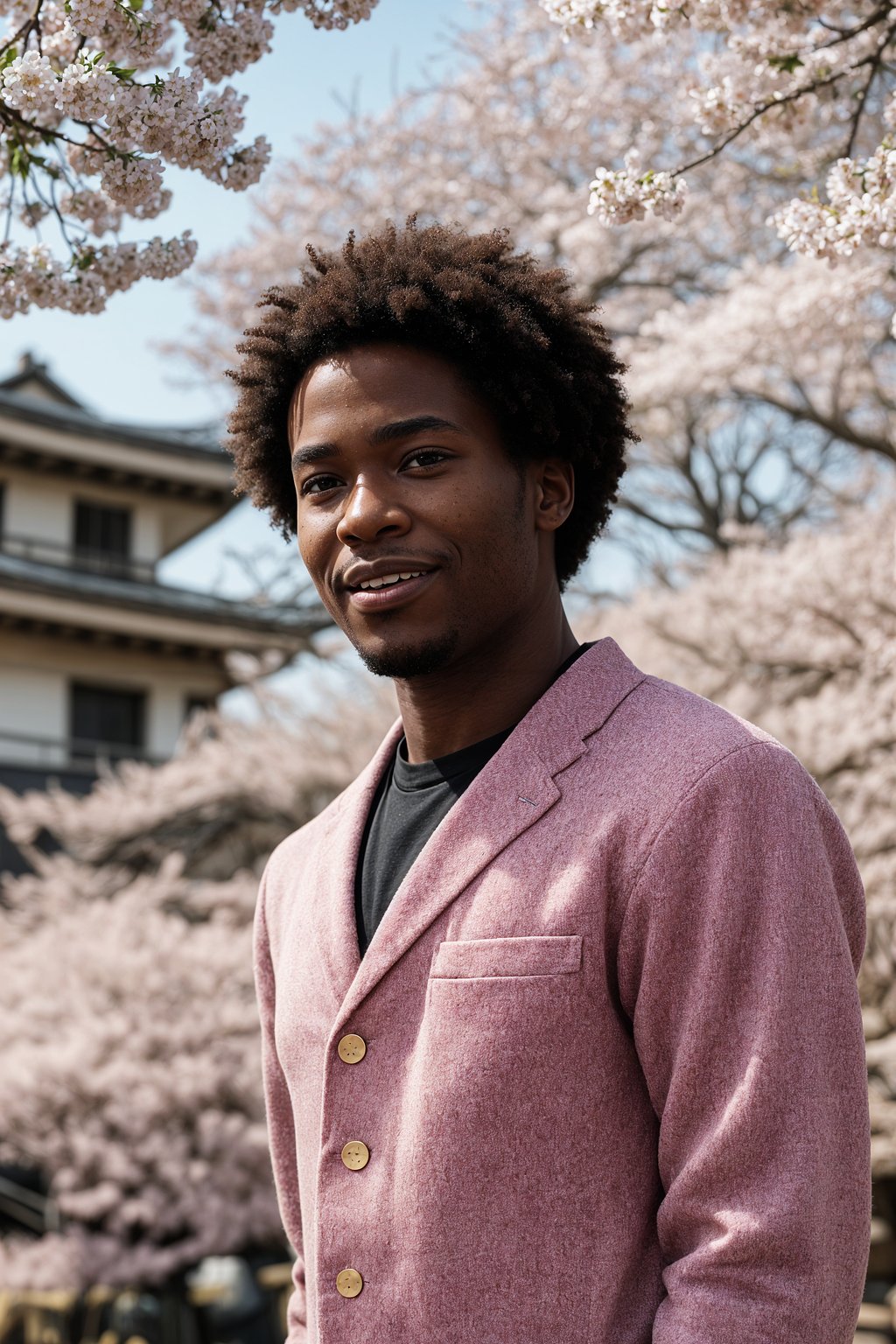 smiling man as digital nomad in Japan with Japanese Cherry Blossom Trees and Japanese temples in background