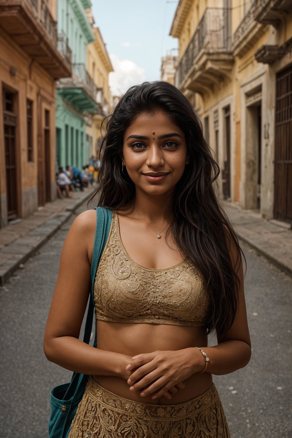 smiling woman as digital nomad in Havana with the colorful old town in the background