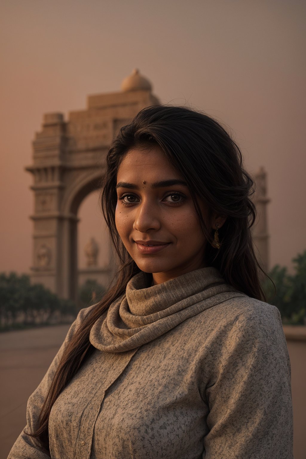 smiling woman as digital nomad in Delhi with the India Gate in the background