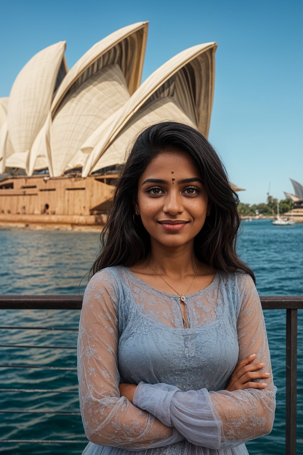 smiling woman as digital nomad in Sydney with the Sydney Opera House in the background