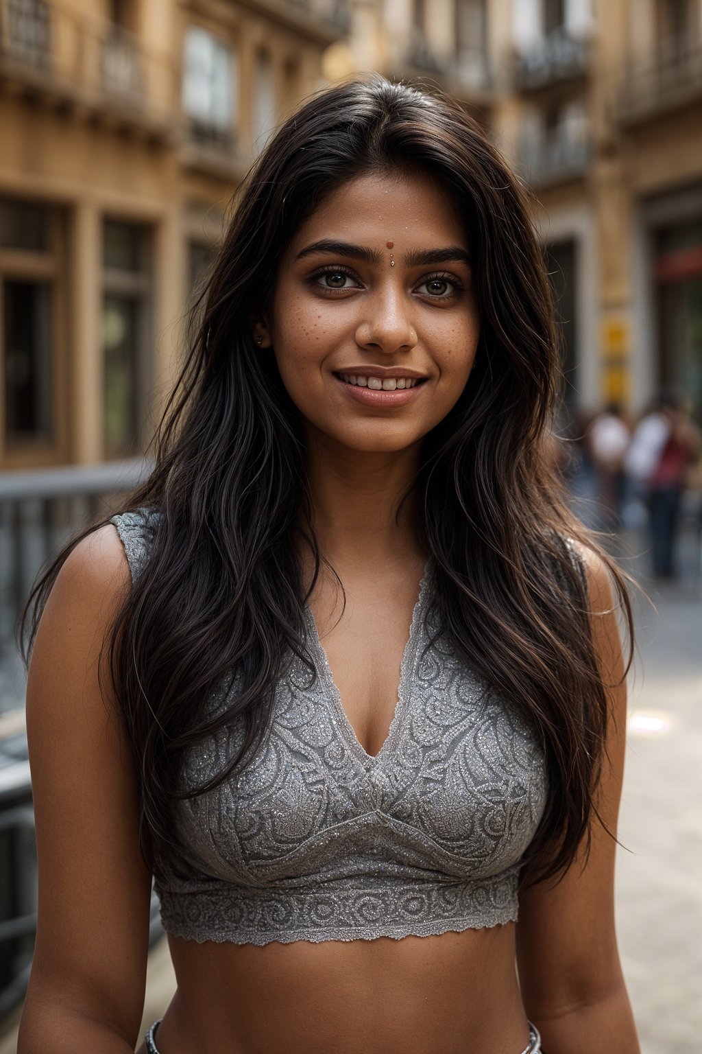 smiling woman as digital nomad in Barcelona center