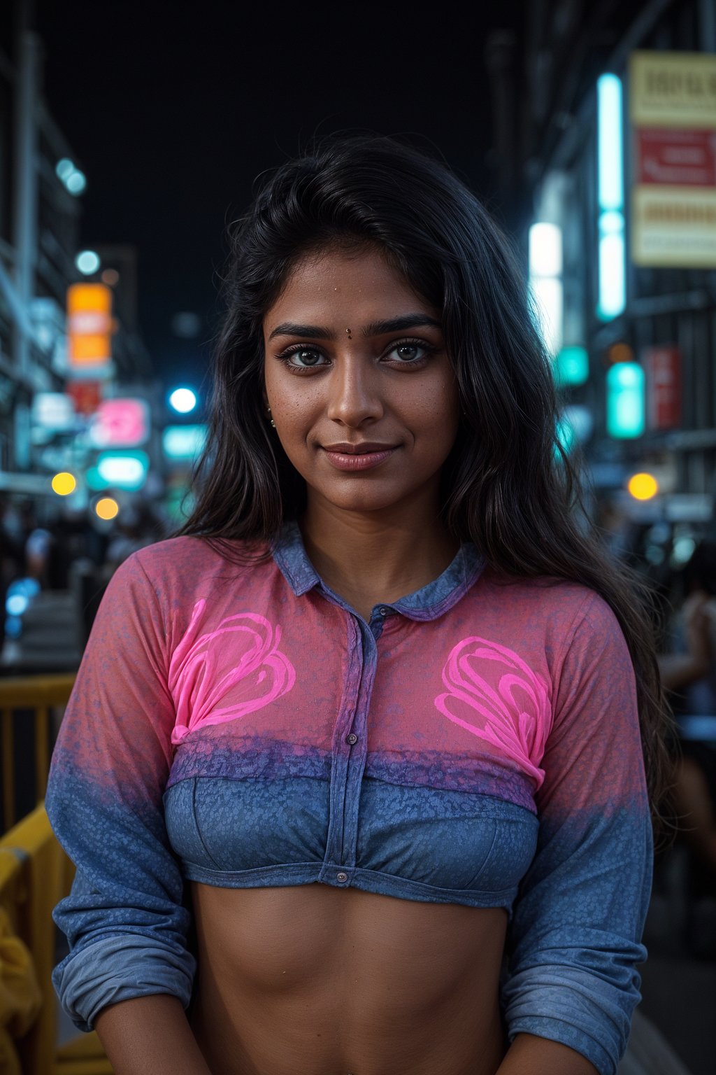 smiling woman as digital nomad in Tokyo at night with neon lights