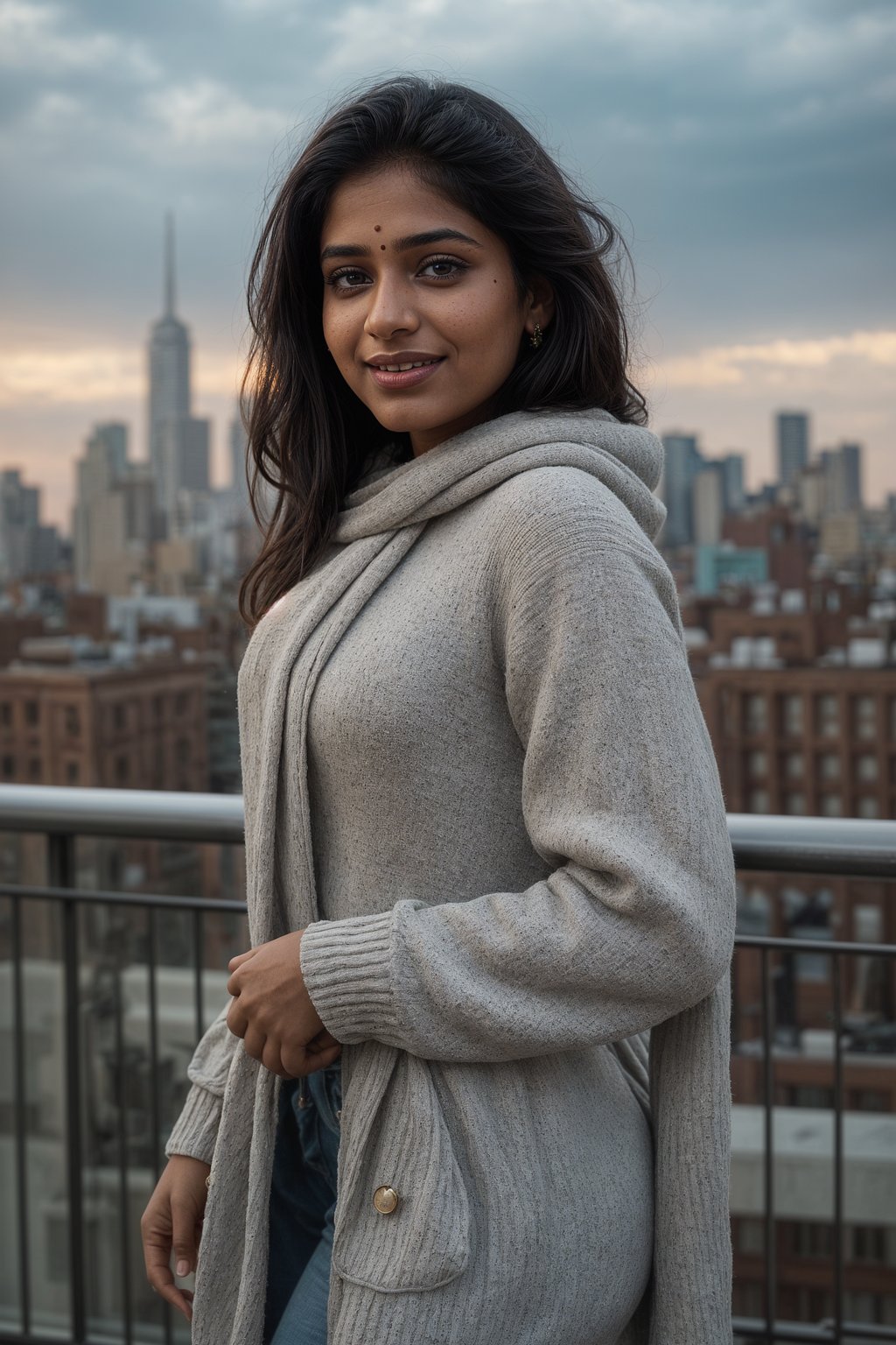 smiling woman as digital nomad in New York City with Manhattan in background