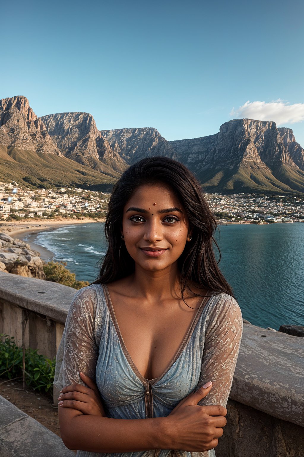 smiling woman as digital nomad in Cape Town with the Table Mountain in the background