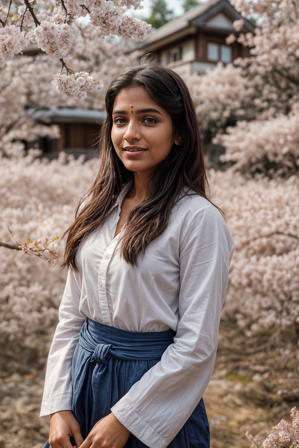 smiling woman as digital nomad in Japan with Japanese Cherry Blossom Trees and Japanese temples in background