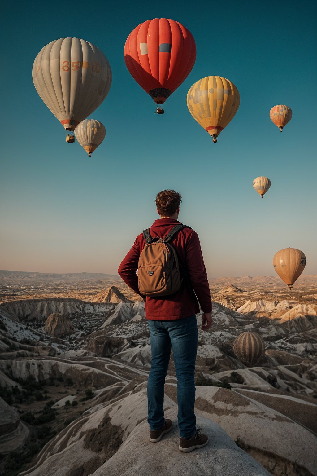 Breathtakingly man as digital nomad with hot air balloons in the background in cappadocia, Türkiye. Cappadocia, Turkey