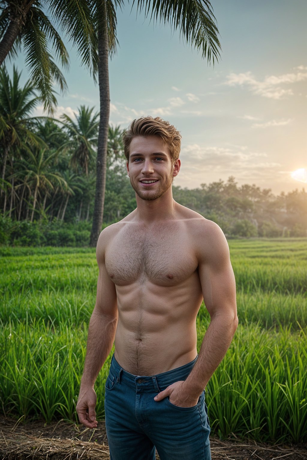 smiling man as digital nomad in Canggu, Bali near rice fields