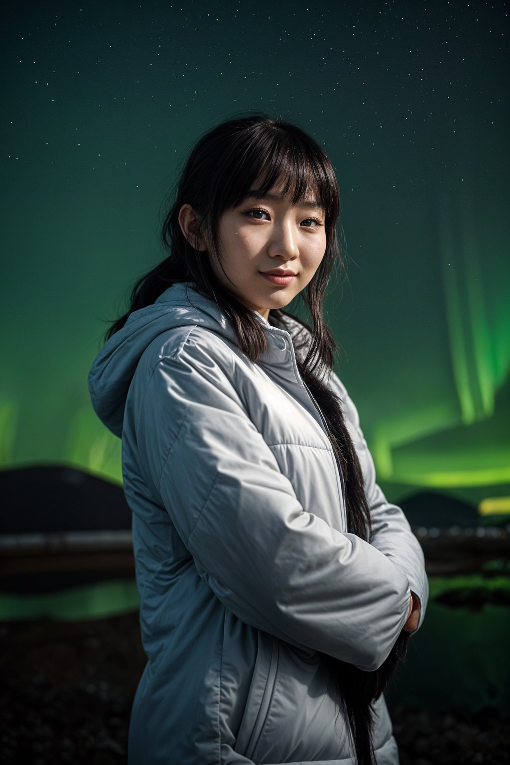 smiling woman as digital nomad in Reykjavik with the Northern Lights in the background